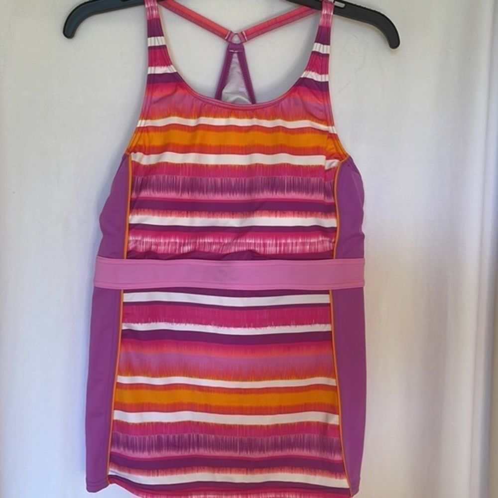 Lands’ End Tankini Top Pink Orange Striped Cross Back Loop  Padded cups …